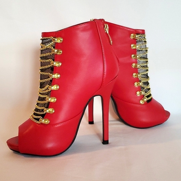 Shoedazzle | Liliana red open toe heeled booties - Picture 5 of 12